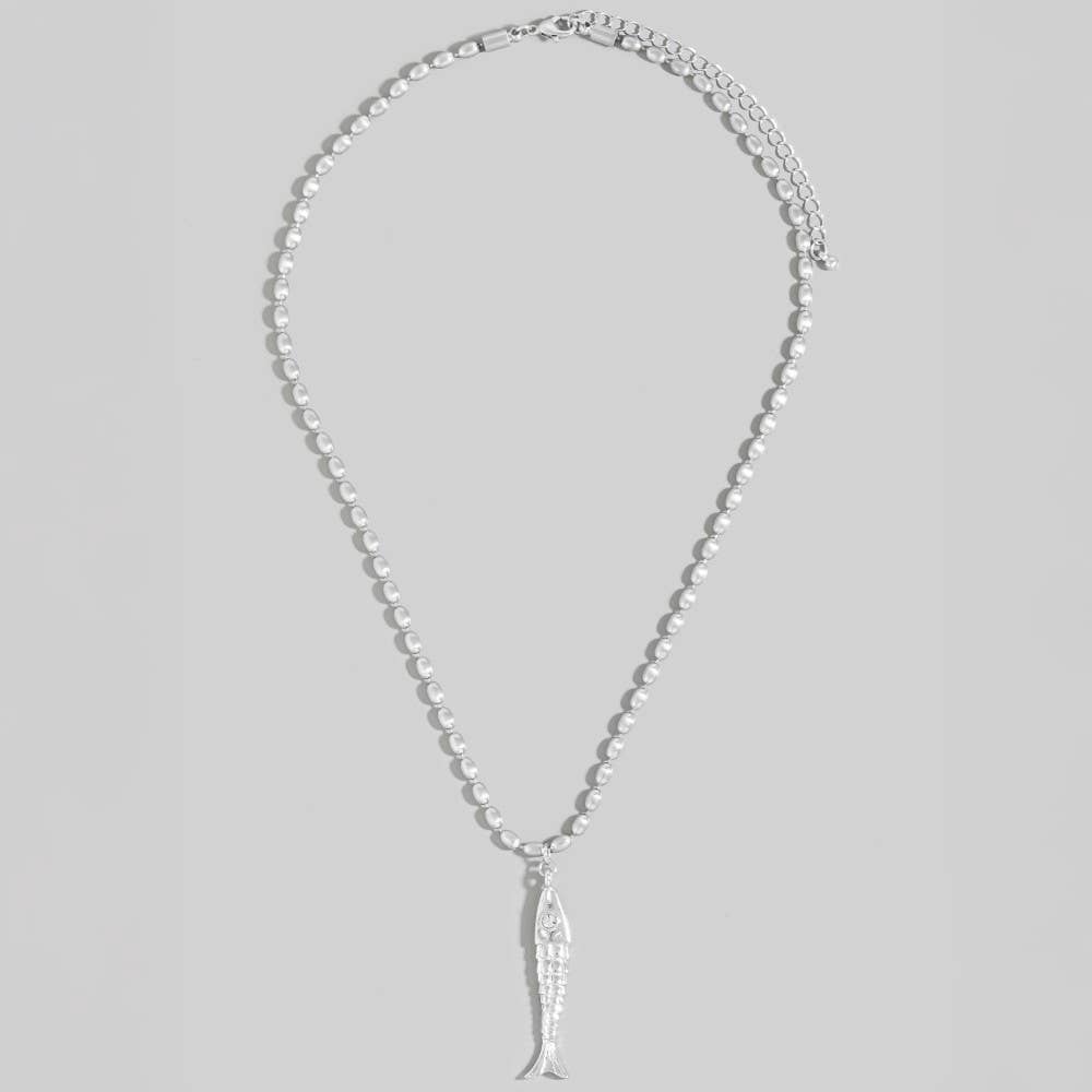 Long Fish Pendant Matte Beaded Chain Necklace: BL