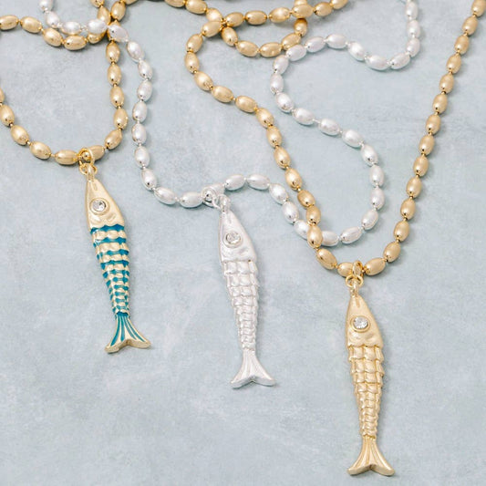 Long Fish Pendant Matte Beaded Chain Necklace: BL