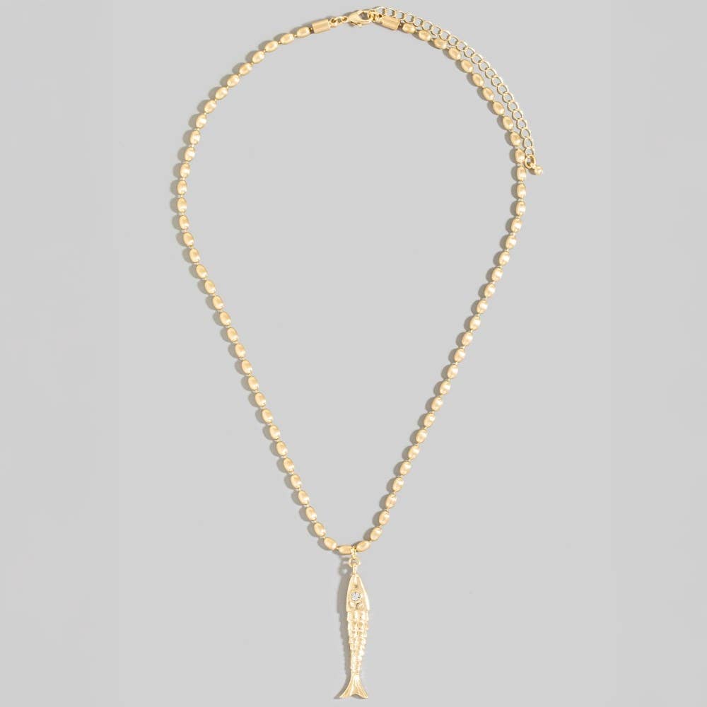Long Fish Pendant Matte Beaded Chain Necklace: BL
