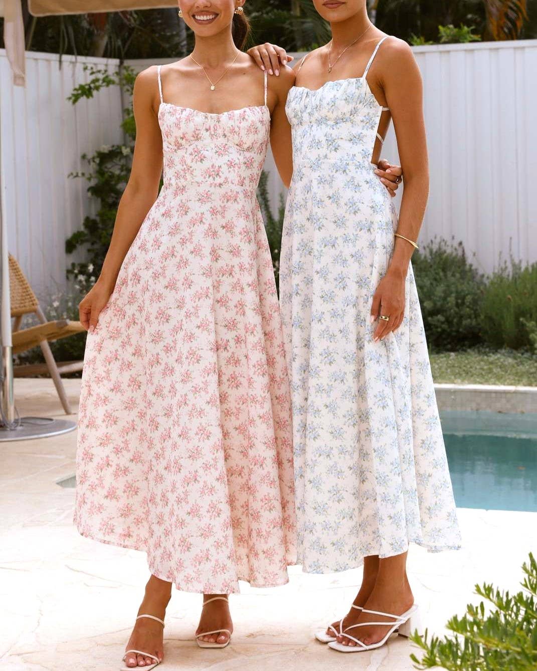 Sweet Floral Print Spaghetti Strap Midi Dress: Yellow