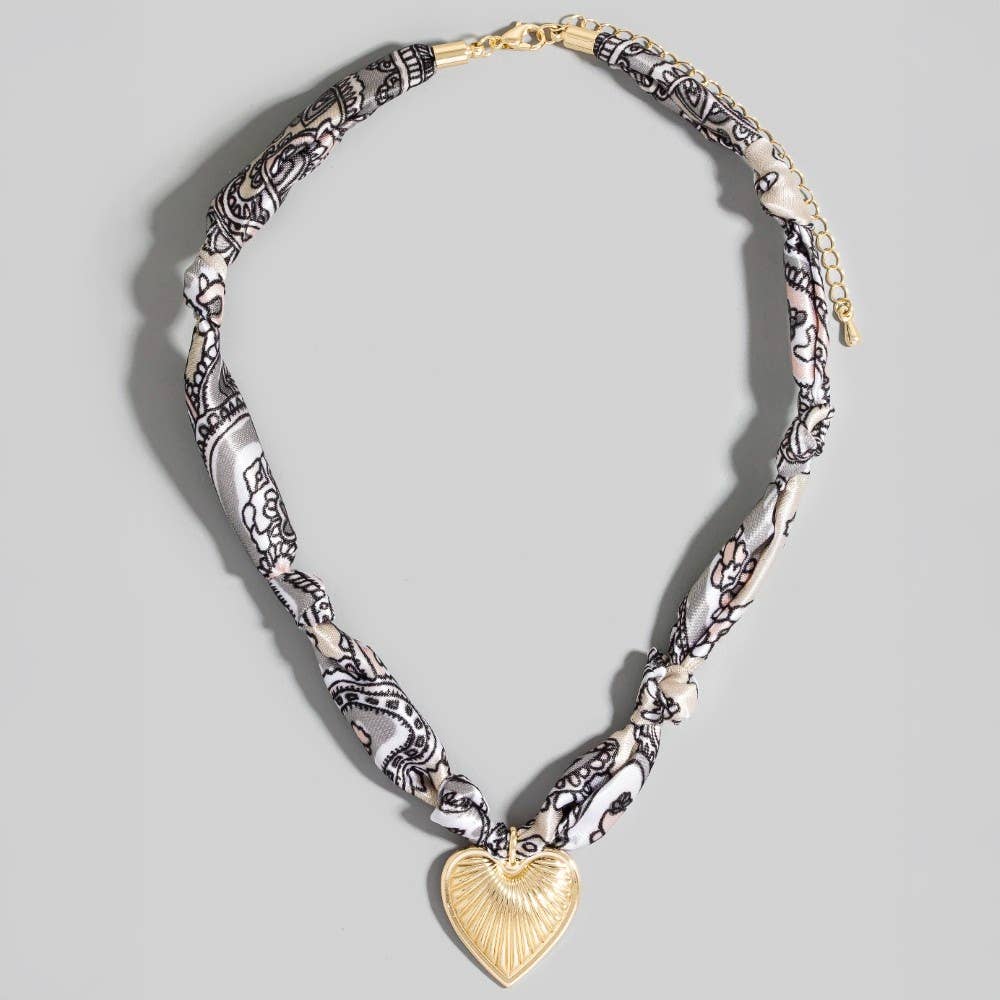 Textured Heart Pendant Knotted Bandana Necklace: Blue