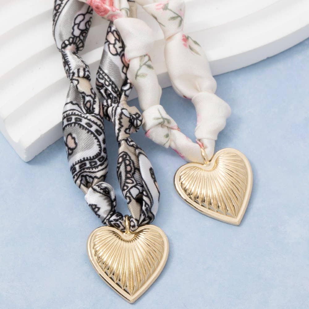 Textured Heart Pendant Knotted Bandana Necklace: Blue