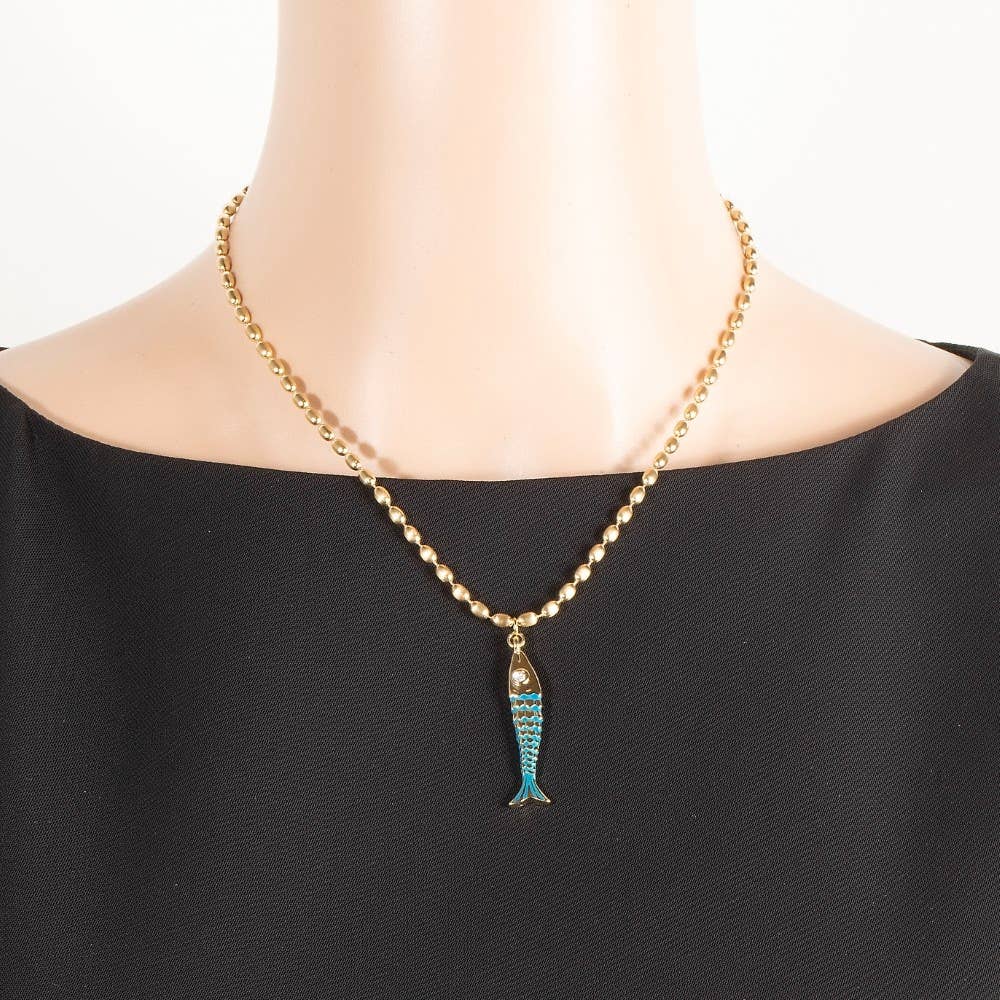 Long Fish Pendant Matte Beaded Chain Necklace: BL