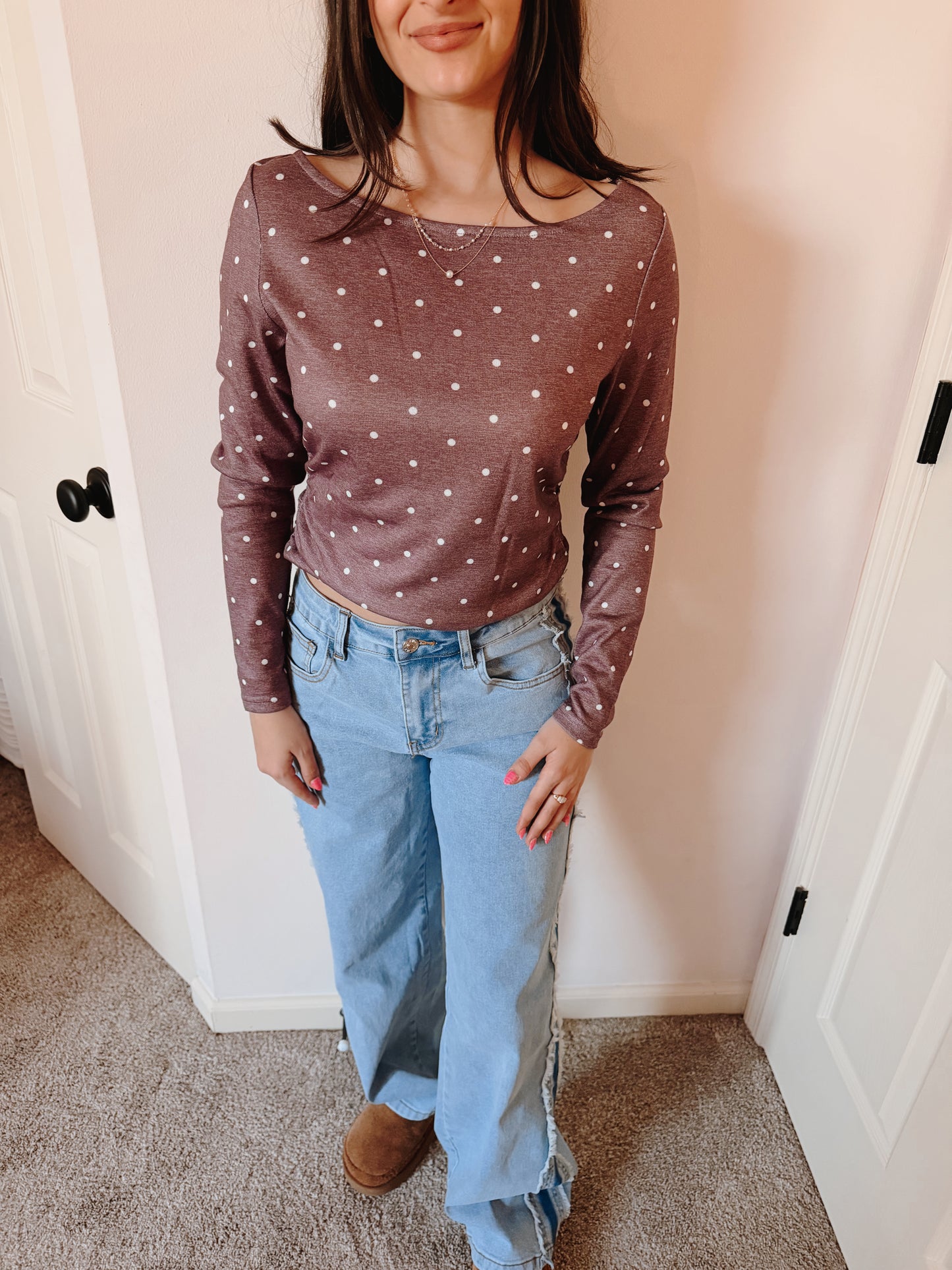 Polka Dot Long Sleeve Shirt: Dark Brown