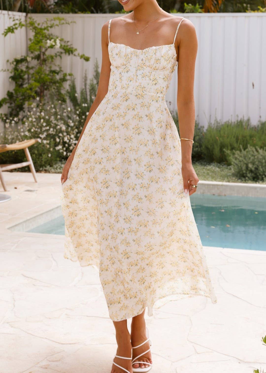 Sweet Floral Print Spaghetti Strap Midi Dress: Yellow
