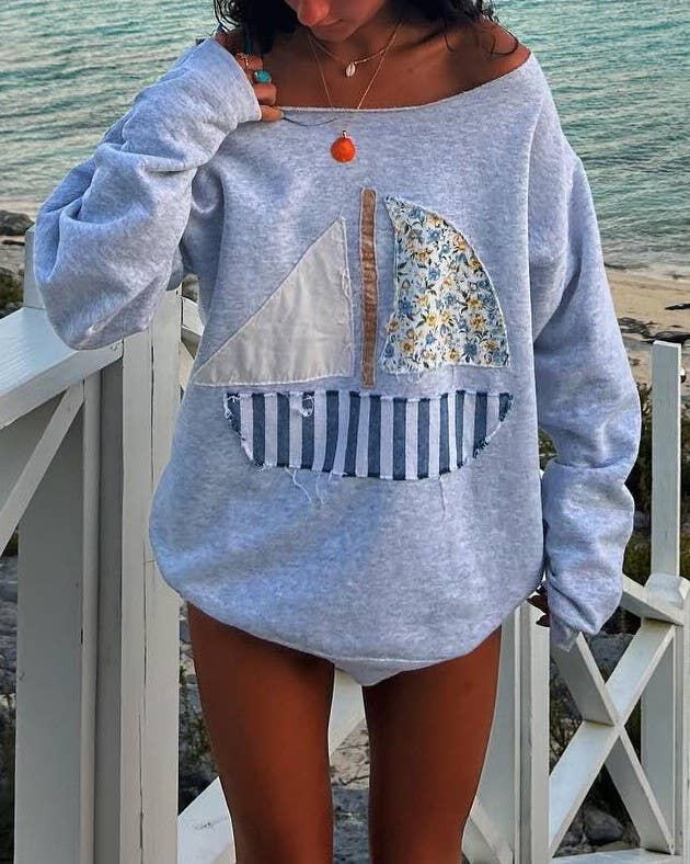 Long Sleeve Top with Sailboat Applique: Gray