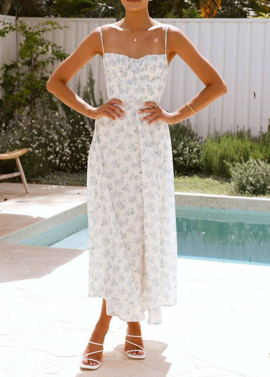 Sweet Floral Print Spaghetti Strap Midi Dress: SkyBlue