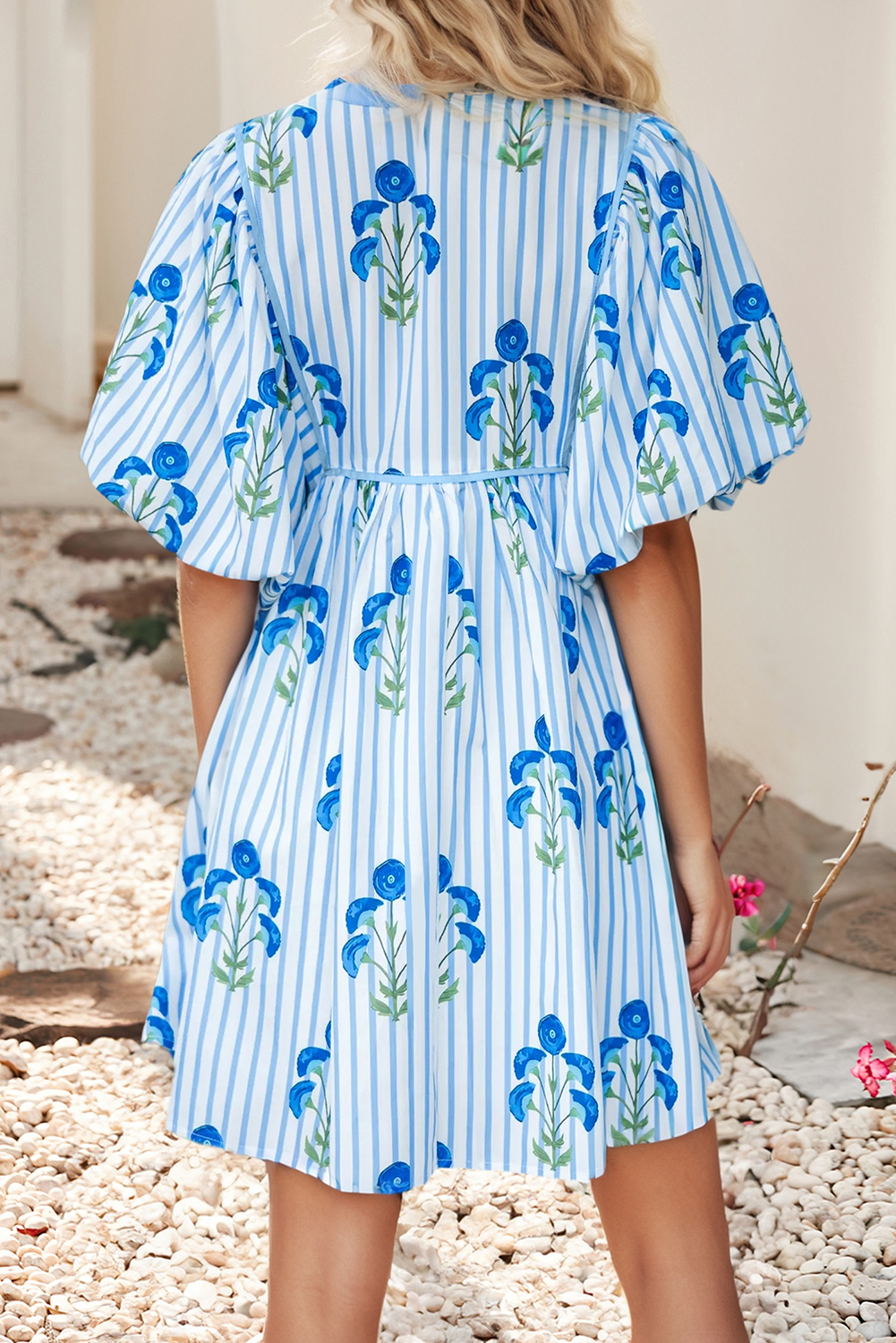 Floral Striped Dress- Blue