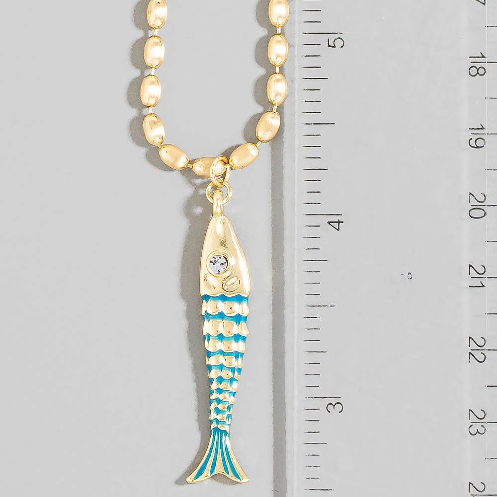 Long Fish Pendant Matte Beaded Chain Necklace: BL