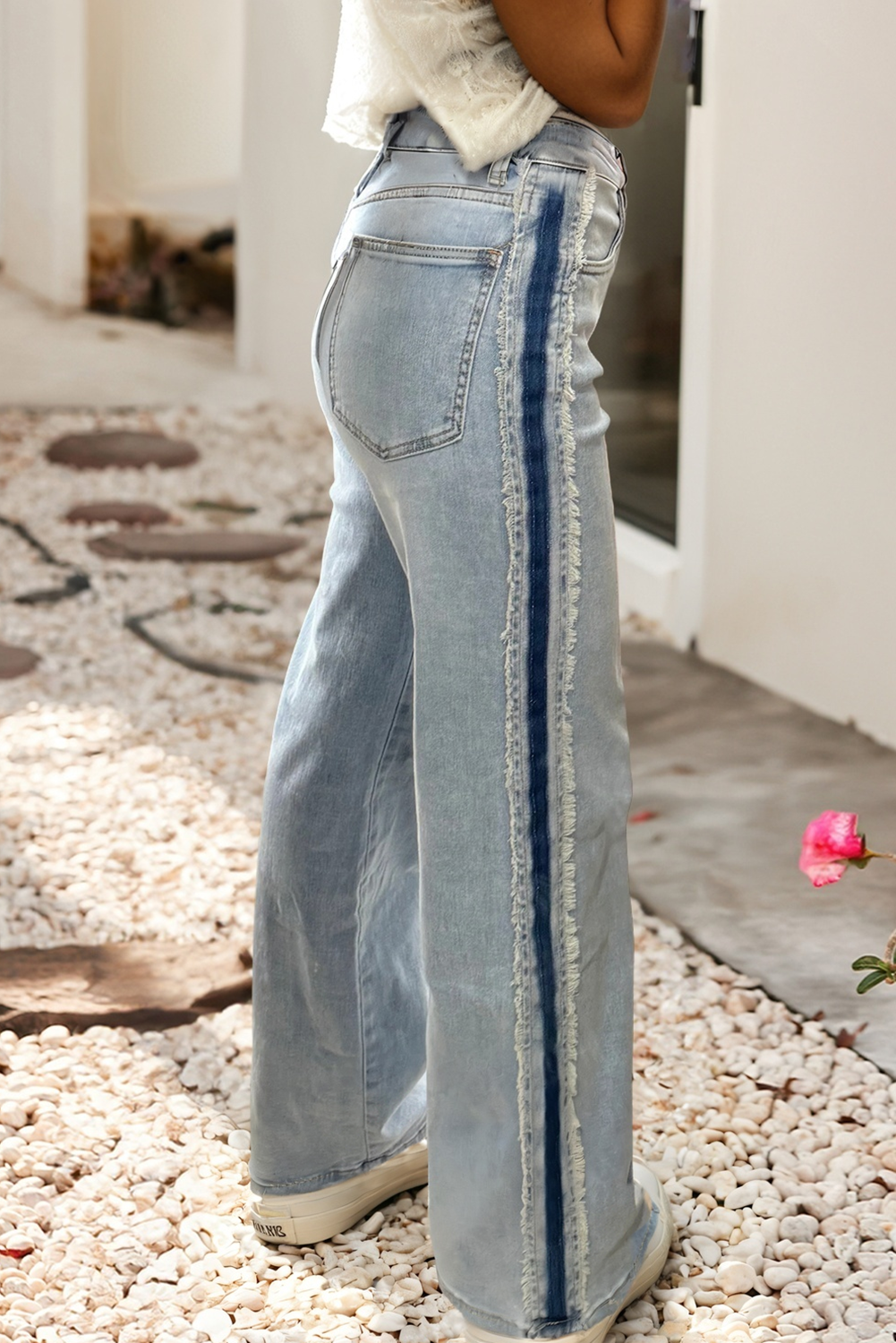Stripe Frayed Patchwork Jeans