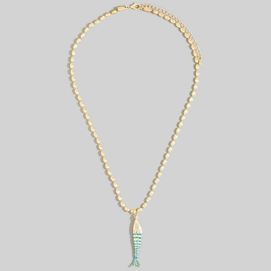Long Fish Pendant Matte Beaded Chain Necklace: BL