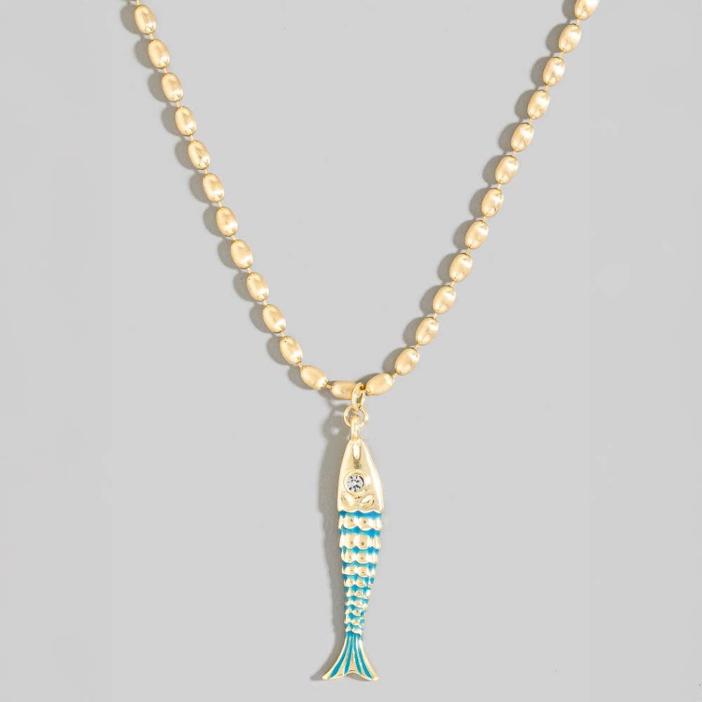 Long Fish Pendant Matte Beaded Chain Necklace: BL